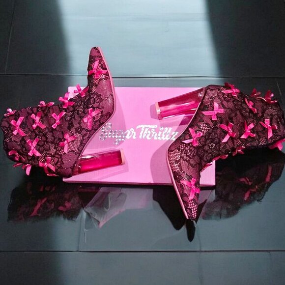 Sugar Thrillz Lace Booties | Pink Stretch Transparent Heel Bow Accent 7 - Picture 5 of 14